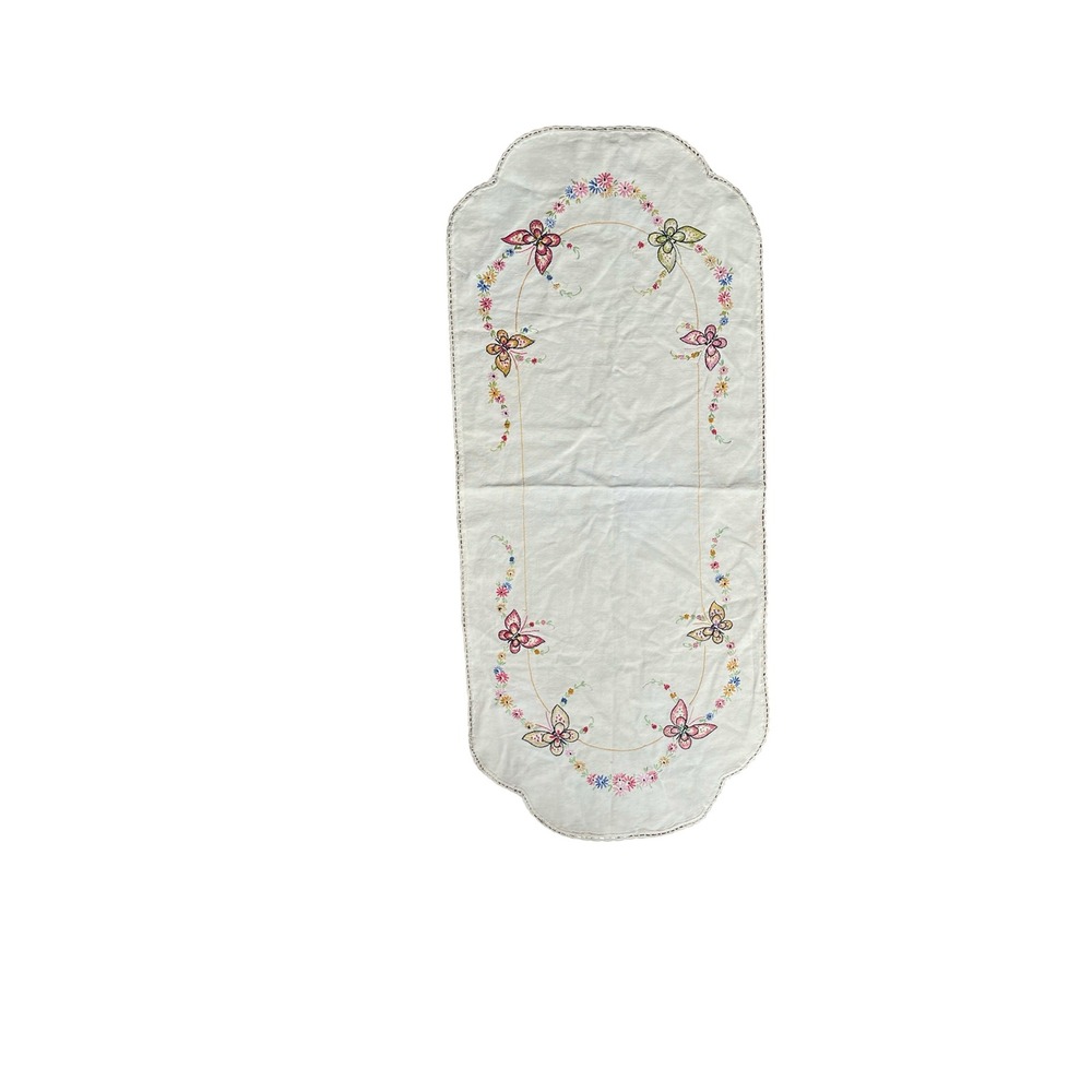 Vintage Embroidered Table Runner Butterfly Floral Dresser Scarf Linen